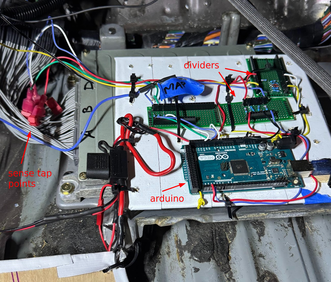 Arduino with voltage dividers and sense tap points